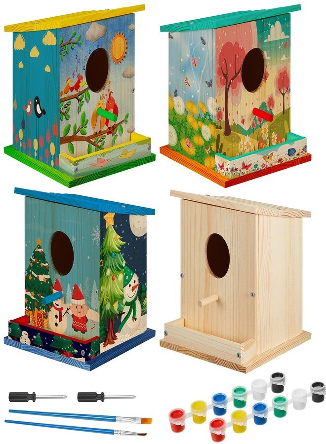 Liliful 4 Pack DIY Wooden Birdhouse Kit Outdoor Hanging DIY Birdhouse for Kids Unfinished Wooden Arts and Craft with Paints and Paintbrushes for Christmas Arts Crafts Gift - Image 1